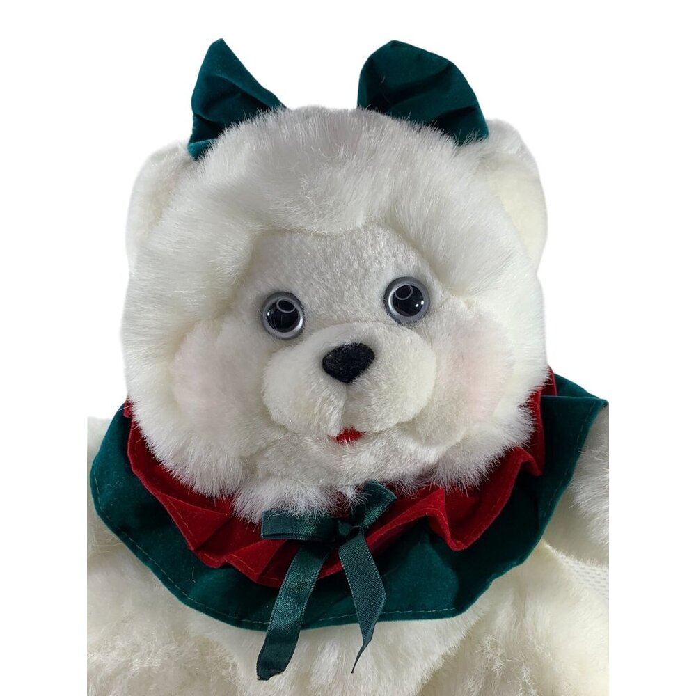 Vintage Dan Dee Holiday White Plush Teddy Bear 10" Christmas Ruffles Bow Stuffed